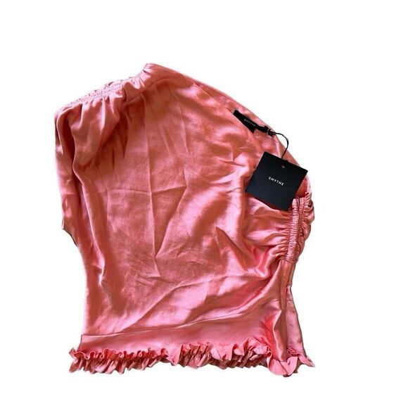 NWT SYMTHE RUFFLE TRIM ONE SHOULDER ROSE PINK SMOCKED BLOUSE TOP SIZE 8 M - Picture 9 of 13